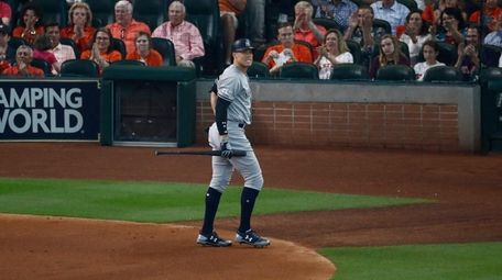 The Yankees' Aaron Judge reacts after striking out