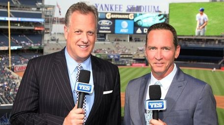 Yankees broadcasters Michael Kay, left, and David Cone