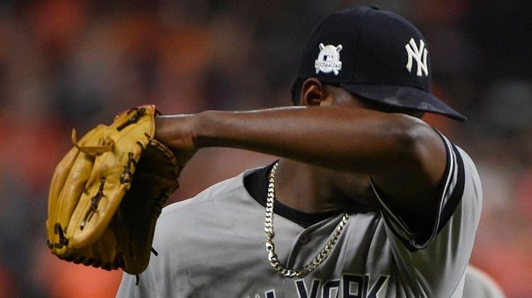 Yankees starting pitcher Luis Severino leaves the game