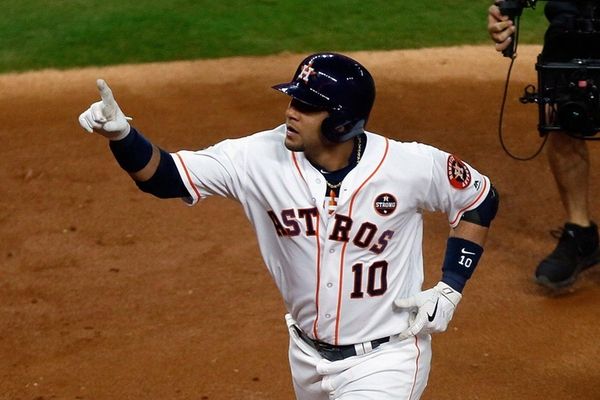 Astros first baseman Yuli Gurriel reacts after hitting