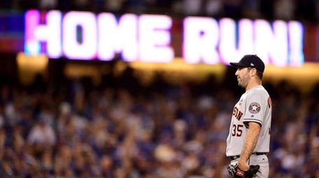 Justin Verlander of the Astros reacts after a