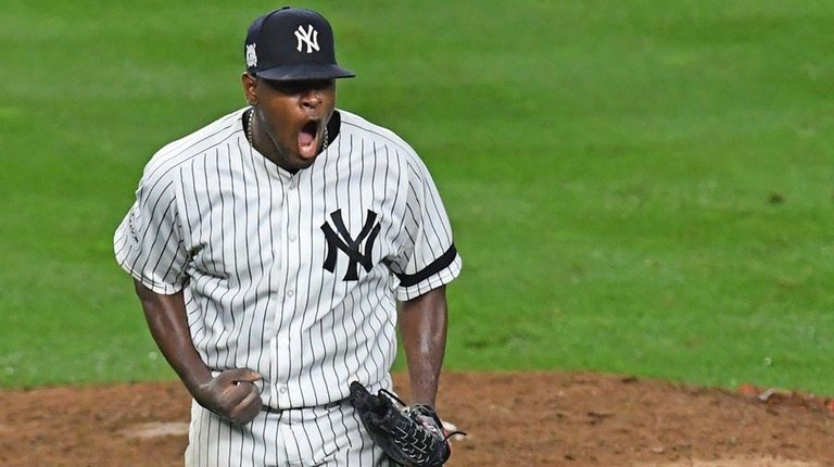 Yankees pitcher Luis Severino celebrates against the Indians at