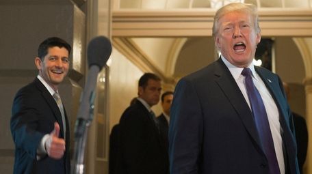 President Donald Trump leaves with Speaker of the