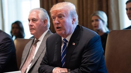 President Donald Trump speaks as Secretary of State