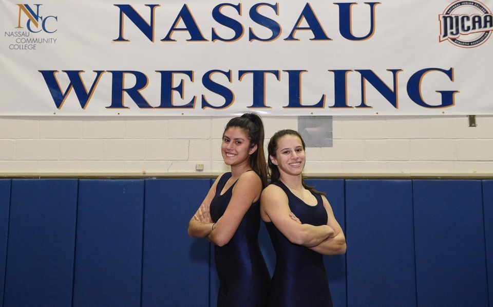 Nassau Community College women's wrestlers Carolyn Herrera, left,