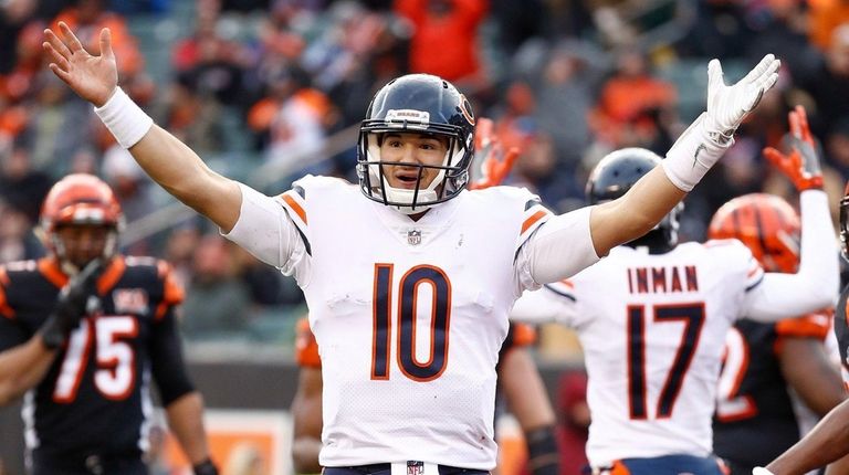 Mitchell Trubisky of the Bears celebrates after a