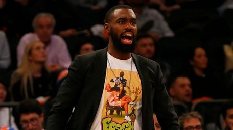 Tim Hardaway Jr. of the Knicks looks on