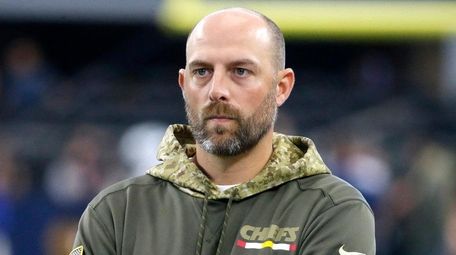 Chiefs offensive coordinator Matt Nagy stands on the