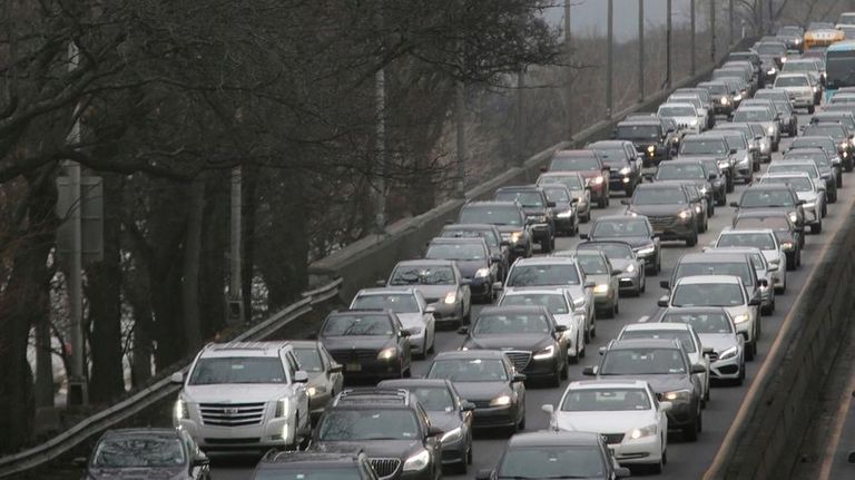 Traffic crawls along the West Side Highway toward
