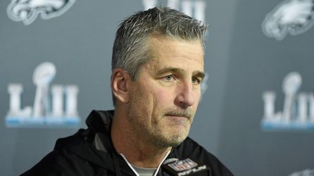 Frank Reich speaks to the media during Super