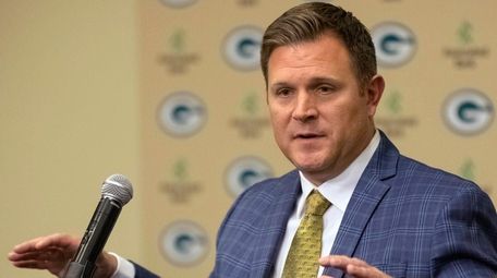Packers general manager Brian Gutekunst speaks at an