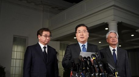 South Korean National Security Adviser Chung Eui-yong, center,
