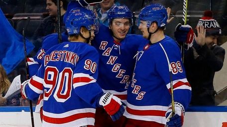 Jimmy Vesey #26 of the Rangers celebrates his