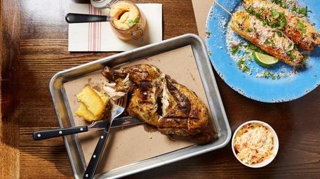 Smoked chicken, cornbread and Mexican street corn at