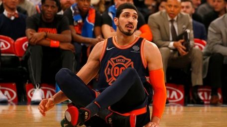 Enes Kanter of the Knicks looks on after