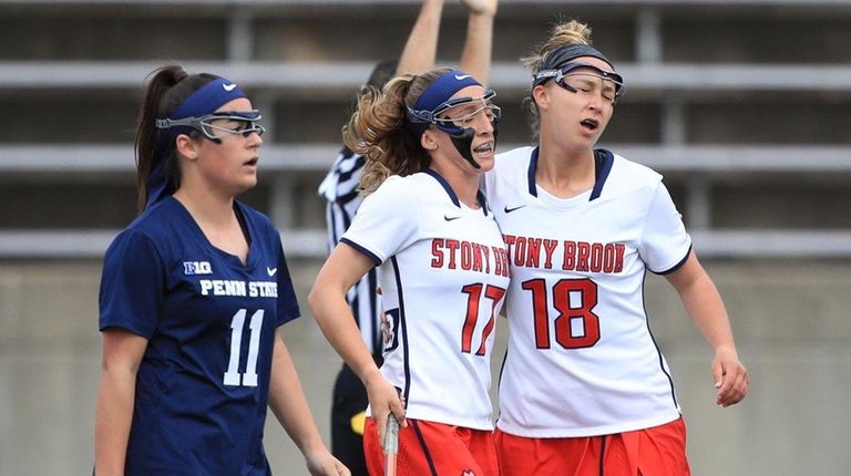 Stony Brook's Kylie Ohlmiller, left, and Courtney Murphy