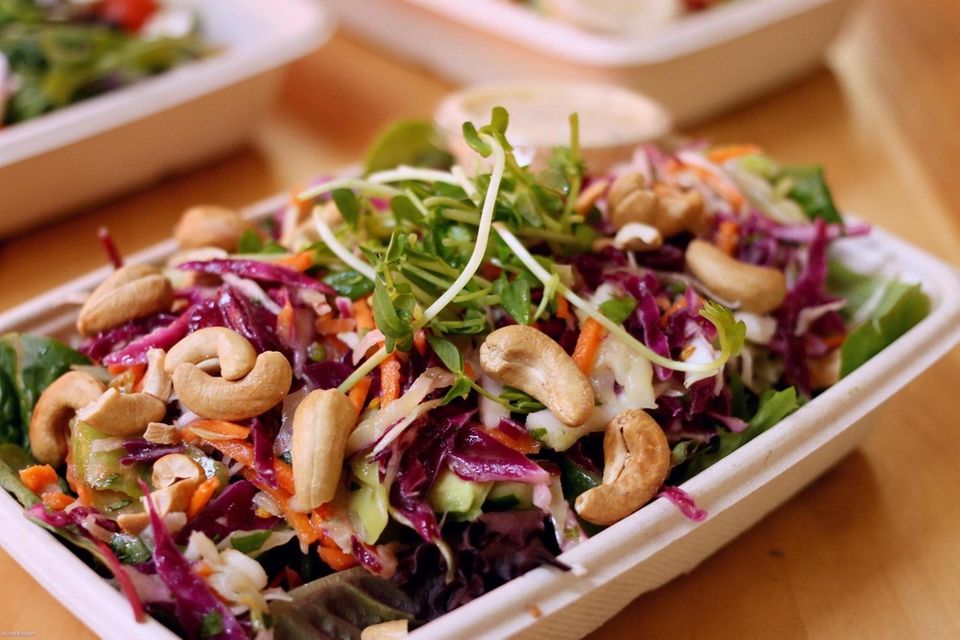 A mixed salad of micro-greens, red cabbage, celery,