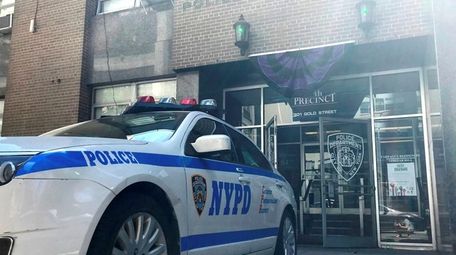 Bunting hangs over the 84th Precinct in Brooklyn