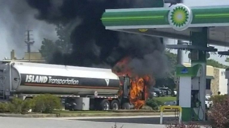 A fuel truck on fire Tuesday on Sunrise