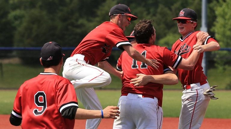 Centre Moriches pitcher David Falco jumps for joy