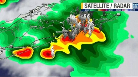 A satellite/radar map is shown of Long Island's