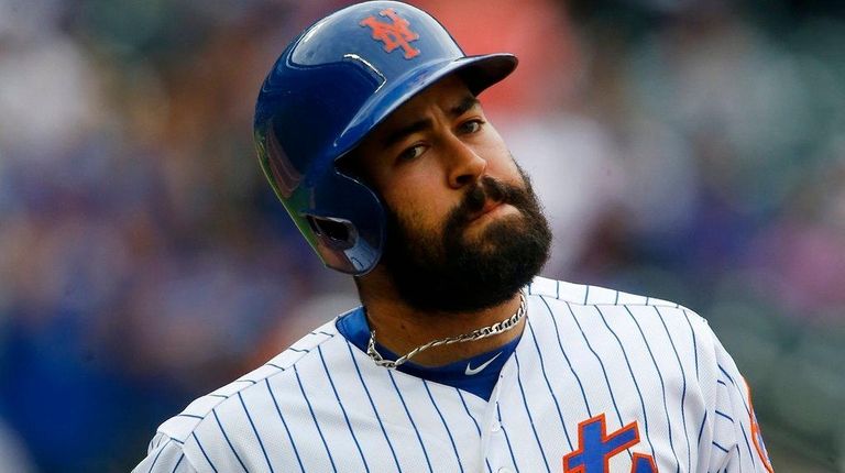 Luis Guillorme of the Mets reacts after flying