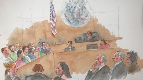 An illustration depicts Judge Joan Azrack declaring a