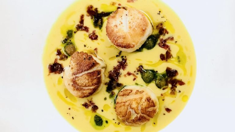 Pan-seared scallops with pancetta in a chickpea gazpacho