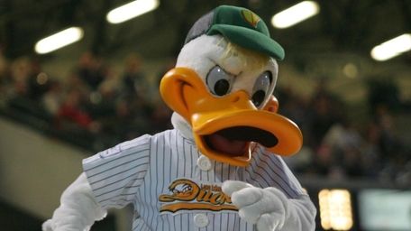 The Long Island Ducks mascot Quackerjack performs during
