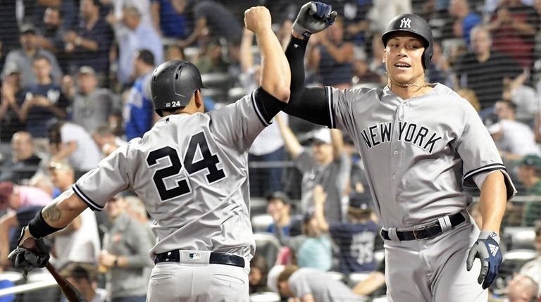 Yankees outfielder Aaron Judge celebrates his home run