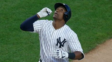 Miguel Andujar of the Yankees celebrates his fourth-inning