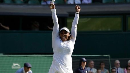 Serena Williams celebrates defeating Kristina Mladenovic during their