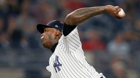 Aroldis Chapman of the Yankees pitches in the