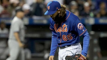 Robert Gsellman of the Mets reacts after the