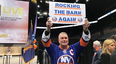 Islanders fan Patrick Dowd of Bay Shore celebrates