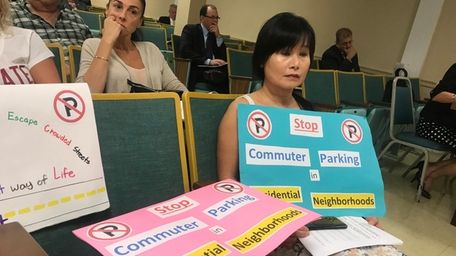 May Affatato, of Syosset, holds a sign protesting