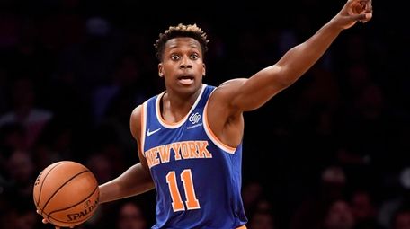Frank Ntilikina of the Knicks handles the ball