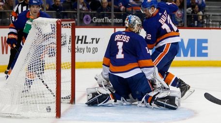 Thomas Greiss of the Islanders surrenders a goal