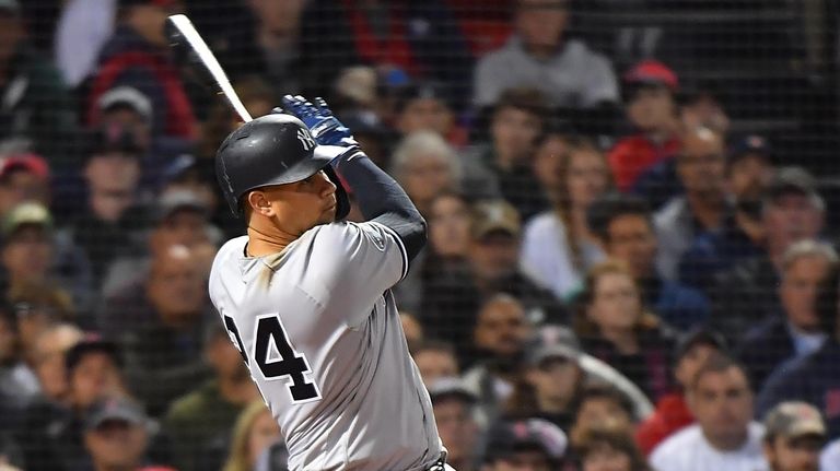 New York Yankees catcher Gary Sanchez (24) connects