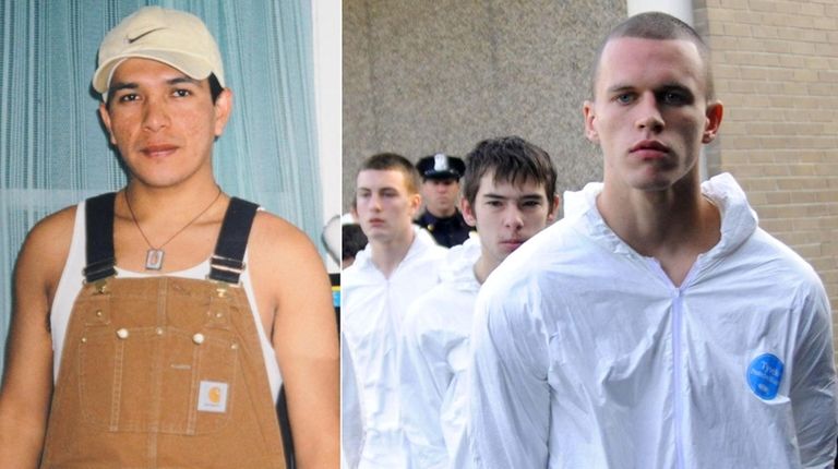 Jeffrey Conroy, 17, right, is led out of