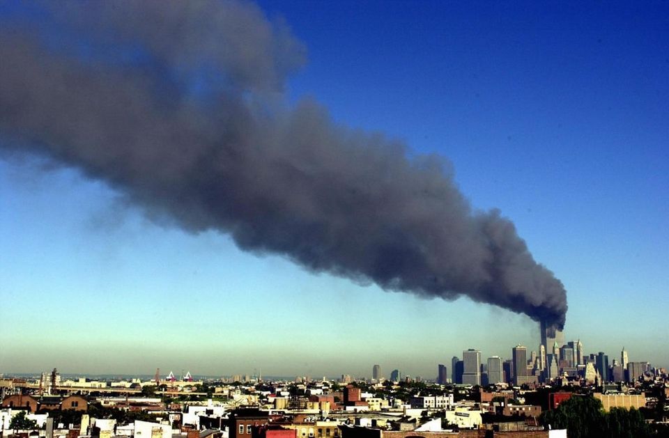 The burning World Trade Center is seen from