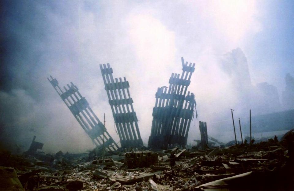 The remains of the World Trade Center stands