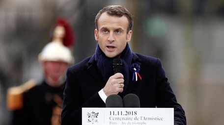 French President Emmanuel Macron speaks against nationalism on