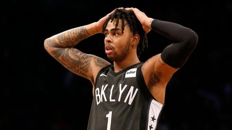 D'Angelo Russell #1 of the Nets reacts after