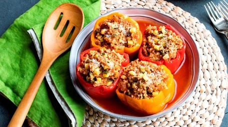 Bell peppers stuffed with sweet Italian turkey sausage,