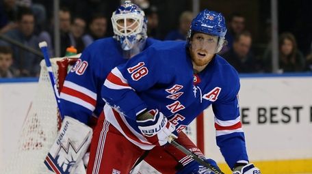 Rangers defenseman Marc Staal watches the play in