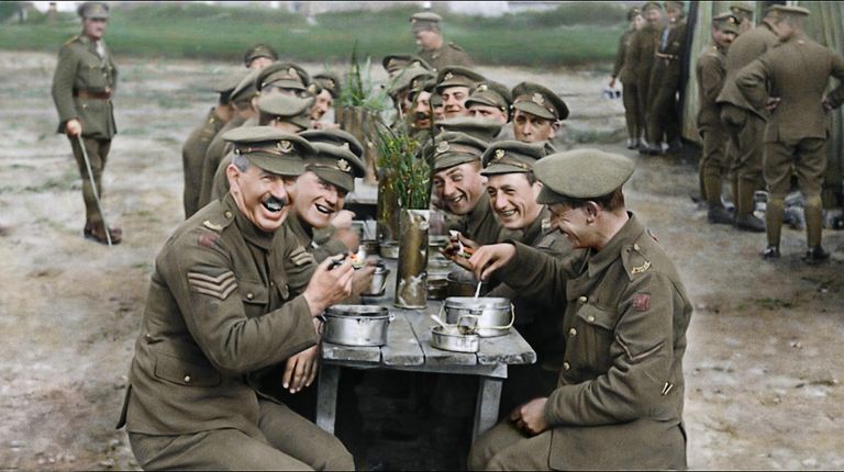 A restored and colorized image showing a moment