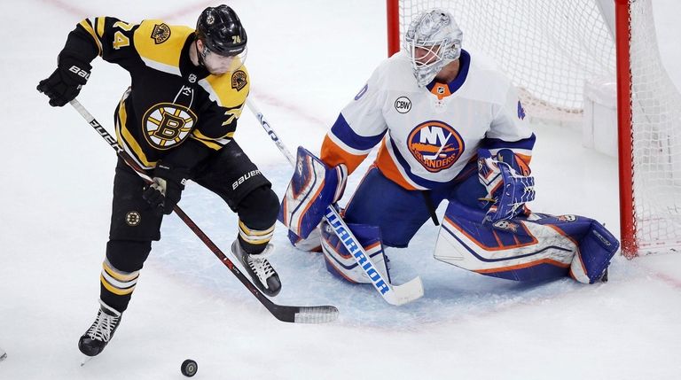 Bruins left wing Jake DeBrusk looks for the