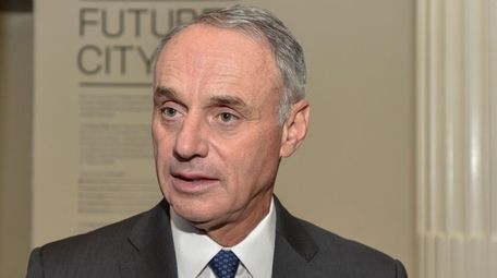 MLB commissioner Rob Manfred speaks during the unveiling