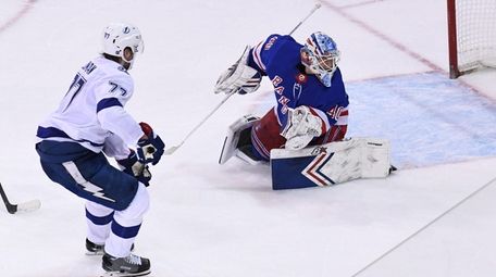 Lightning defenseman Victor Hedman scores past Rangers goaltender